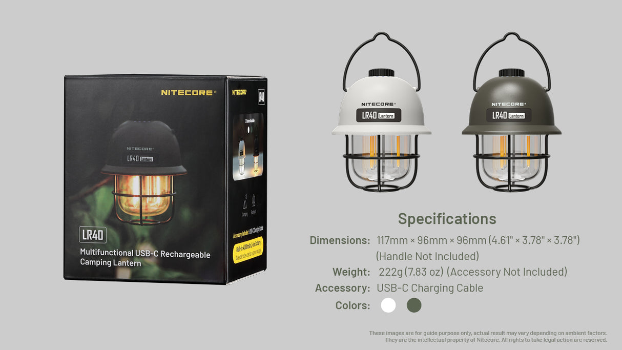 Nitecore LR40 Multifunct al Rechargeable Camping Lantern 100 Lumens w/Eco-Sensa USB C Charging Cable