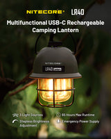 Nitecore LR40 Multifunct al Rechargeable Camping Lantern 100 Lumens w/Eco-Sensa USB C Charging Cable