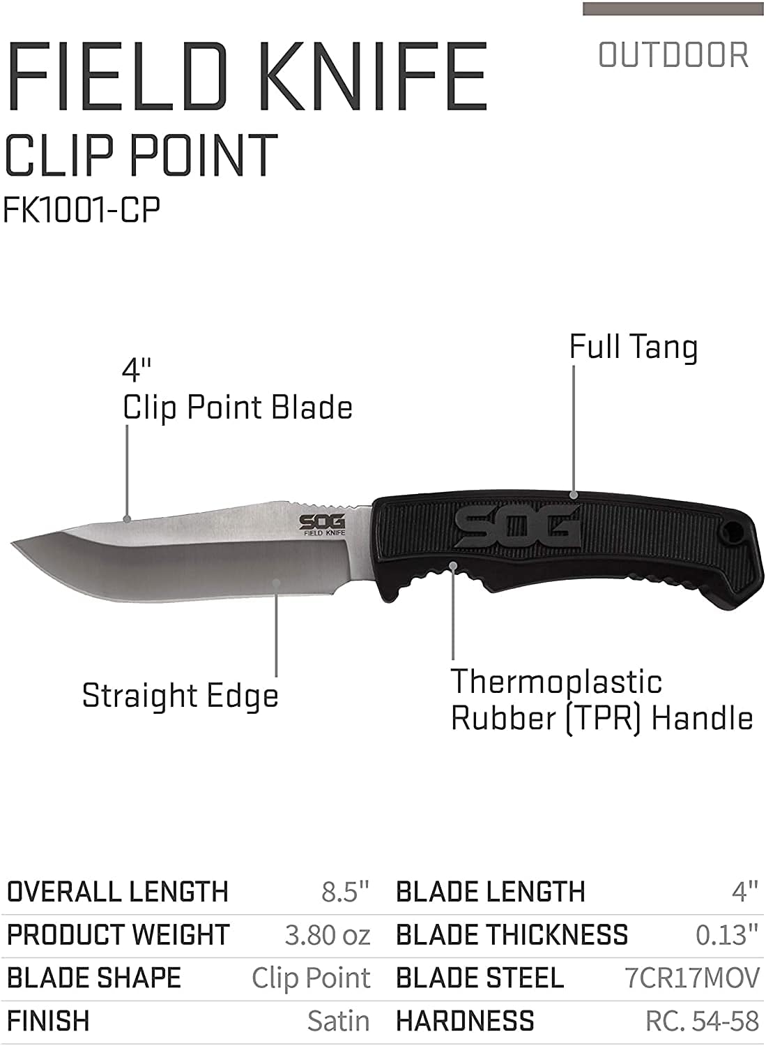 SOG Survival Knife with Sheath - Field Knife Fixed Blade Knives 4 Inch Tactical Knife and Bushcraft Knife w/Full Tang Hunting Knife Blade (FK1001-CP)